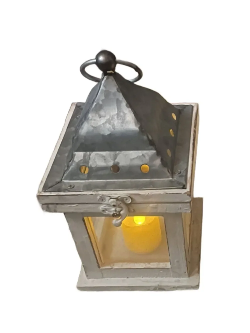 Rustic White Metal Lantern Pair with Glittery LED Candles